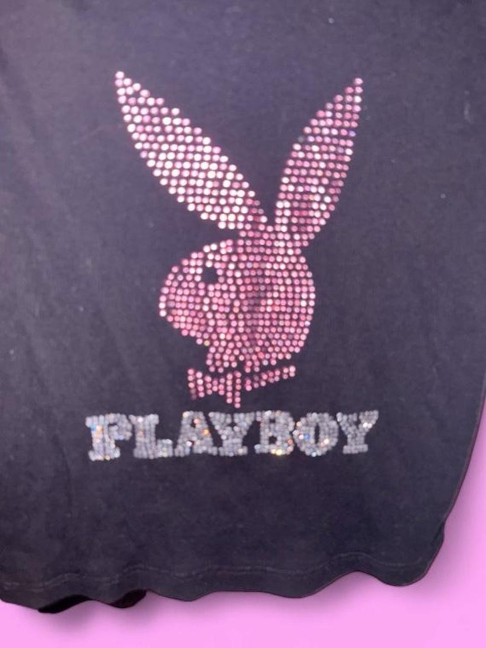 PLAYBOY Black Tee with Pink Bunny and Silver Logo Rhinestones